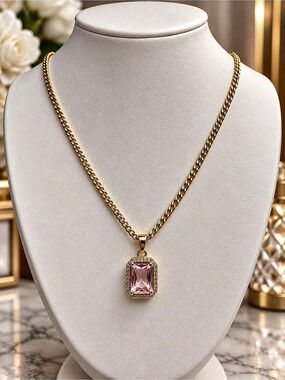 Gold-Filled Necklace with Pink Emerald-Cut Crystal Pendant